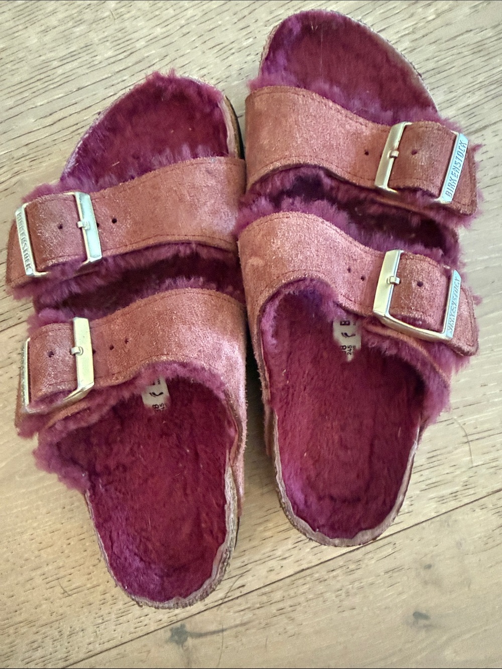 Birkenstock Fuzzy Double-Buckle  Sandals in Burgundy